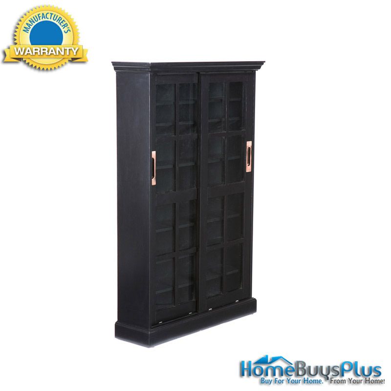   Storage Black Window Pane Sliding Glass Doors Cabinet CD DVD