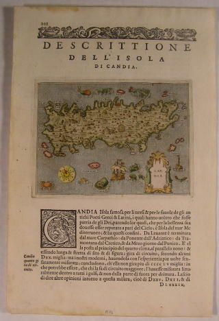 Candia Crete Mediterranean c.1576 Porcacchi engraved color map w/ sea 