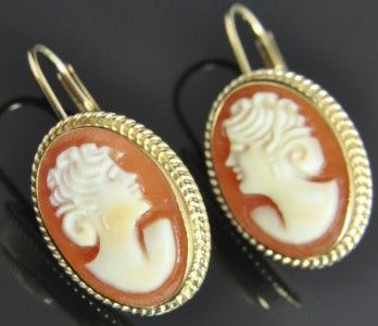 Estate Vintage Carla 14k Yellow Gold Carved Shell Cameo Oval Leverback 