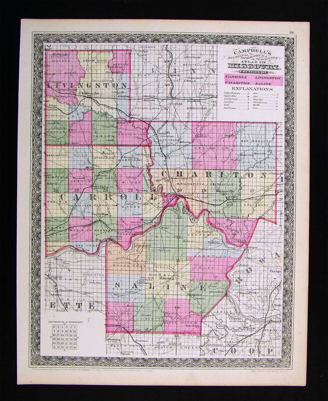1872 Missouri County Map Arrow Rock Carroll Chariton Livingston Saline 