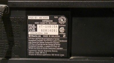 Hitachi VHS VCR Video Cassette Rec MDL VT UX615A Manual