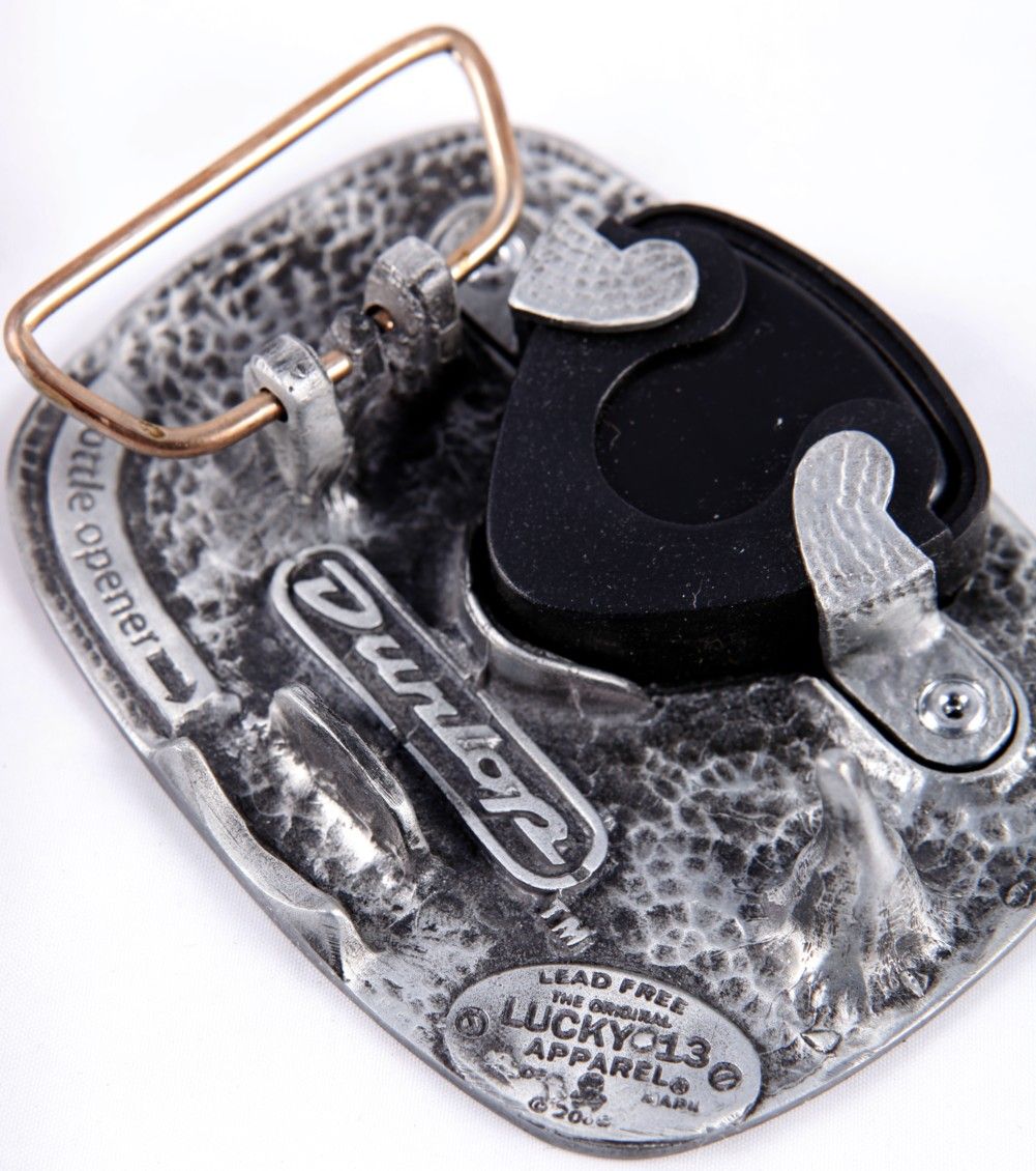 this rocker belt buckle is a joint venture between dunlop and