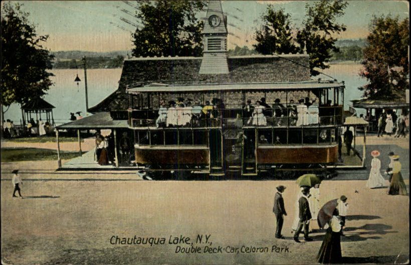 Chautauqua NY Double Deck Car Celoron Park Scene c1910 Postcard