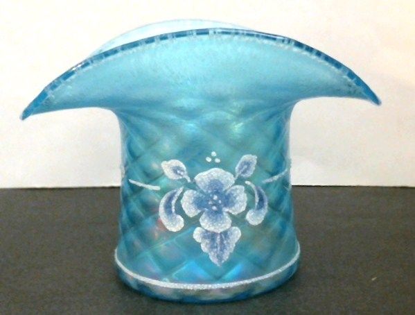 FENTON CELESTE BLUE ART GLASS VASE HAT CORALENE FLORAL #1137JE 90th 