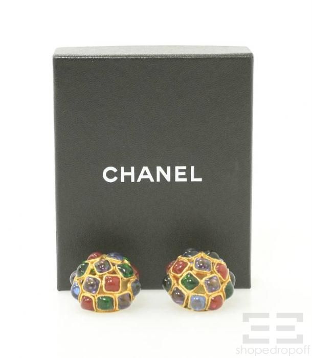 Chanel Vintage Gripoix Gold Multicolor Glass Cabochon Clip on Earrings 