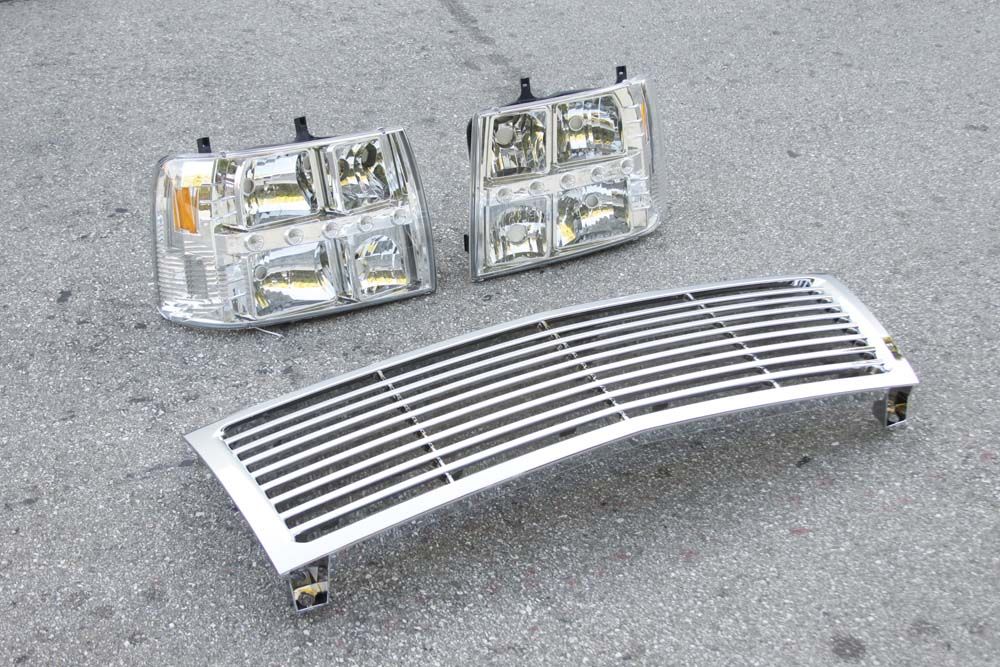 Chevy Silverado Tahoe 99 02 Chrome 1pc LED Headlights Front Grill 