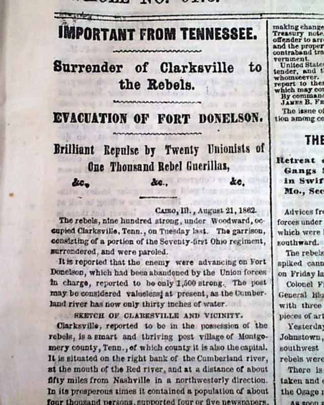 Clarksville TN Seven Days 1862 Civil War NY Newspaper