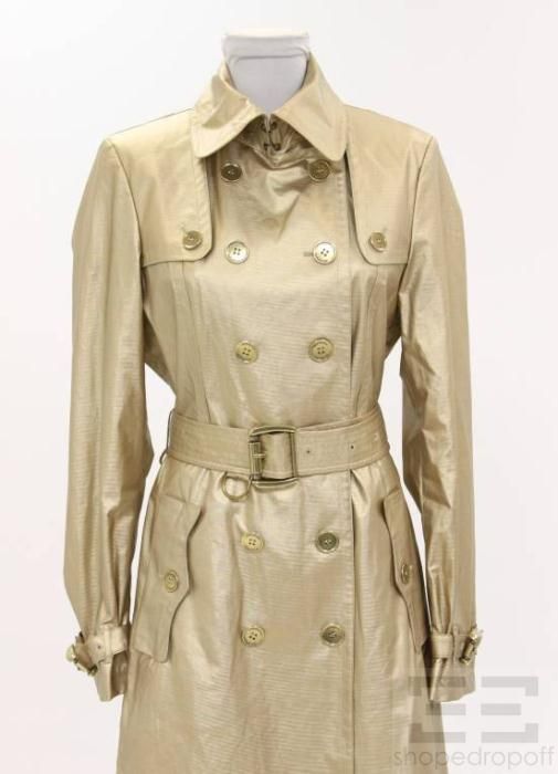 Burberry Metallic Gold Belted Trench Coat Size 8