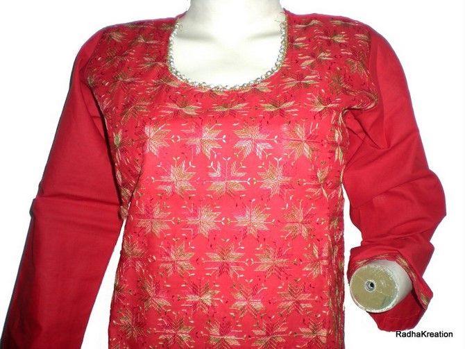New Blouse Red Cotton Tunic Long Sleeves Boho Shirt Kurta Kurti Top Sz