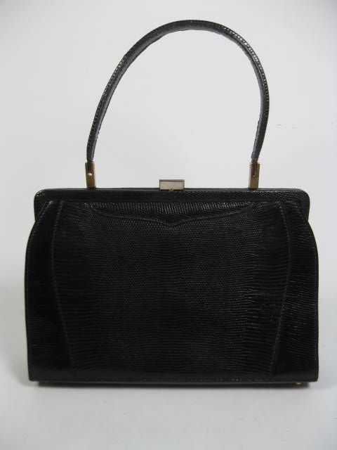 Vintage Coblentz Black Lizard Hinge Tote Handbag Bag