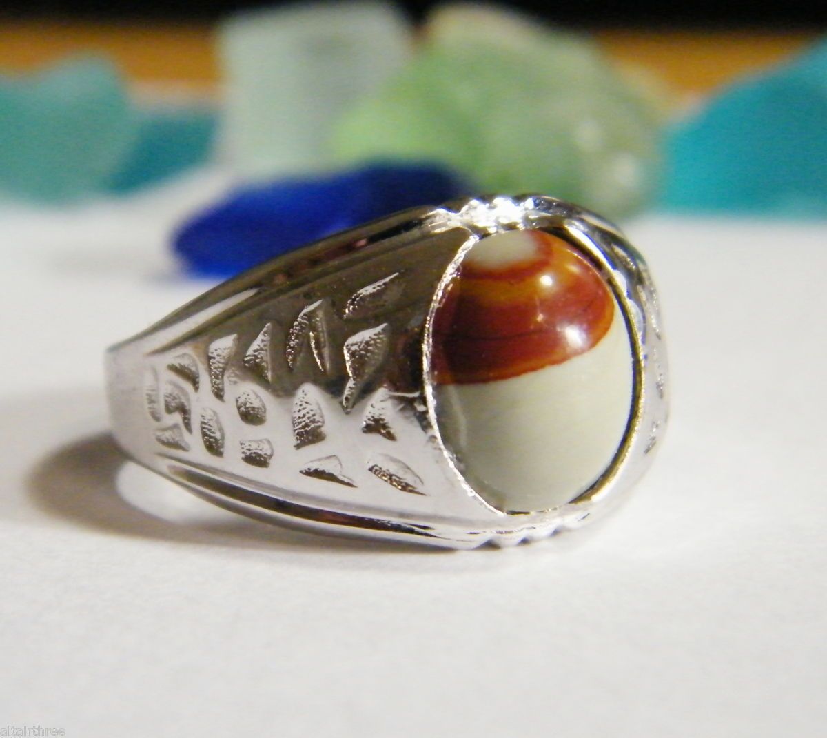 DECO Mens Clark Coombs RING Sterling Silver Agate signed vintage