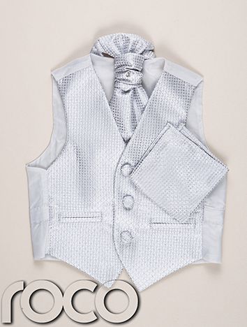 Boys Silver Waistcoat Cravat Handkerchief Set Wedding Prom Christening