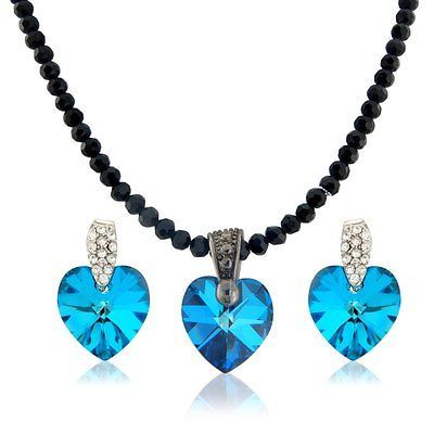 SWAROVSKI ELEMENTS CRYSTALS BLUE HEART NEKLACE & EARRINGS XMAS GIFT