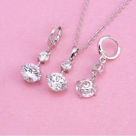 Cubic Zirconia Jewelry Set CZ Pendant Leverback Earrings Necklace