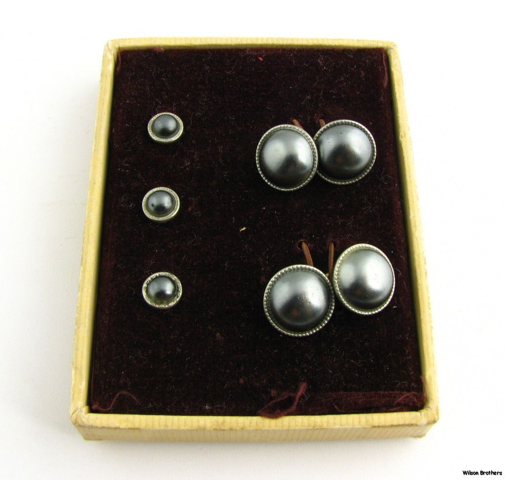 Metal Cuff Links Shirt Studs Set 5 Piece Vintage Original Box Round