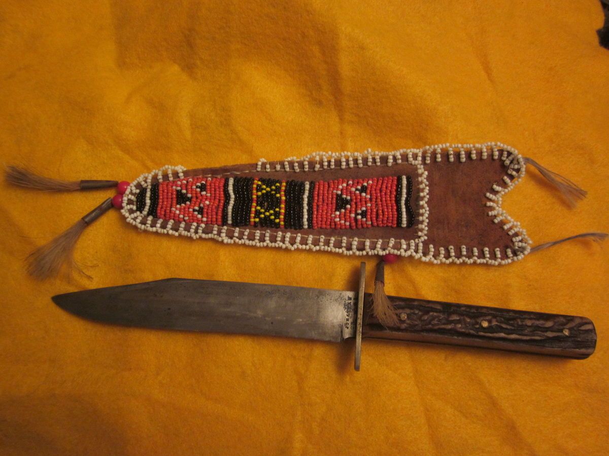   BEADED KNIFE SHEATH w OLD JONATHAN CROOKES BOWIE KNIFE SHEFFEILD