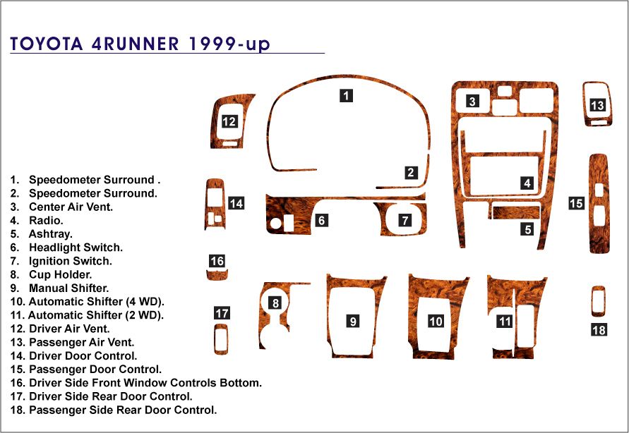 Toyota 4Runner 99 00 01 02 2002 Dash Board Trim Kit Wood Aluminum