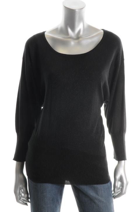 Cupio New Black Metallic Pointelle Long Sleeve Dolman Pullover Sweater