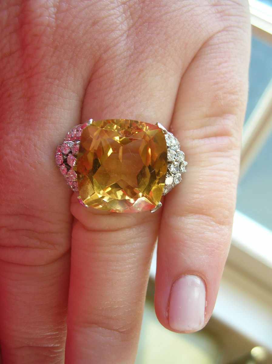  antique Deco platinum F G color diamond cushion cut citrine large ring