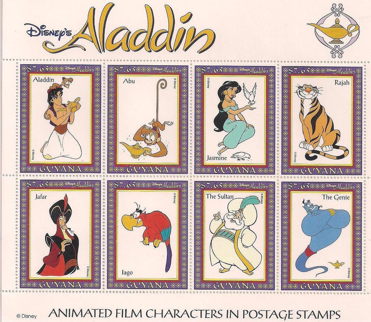 Guyana Disney Stamps Aladdin Abu JasmineRajah Jafar Iago The Sultan