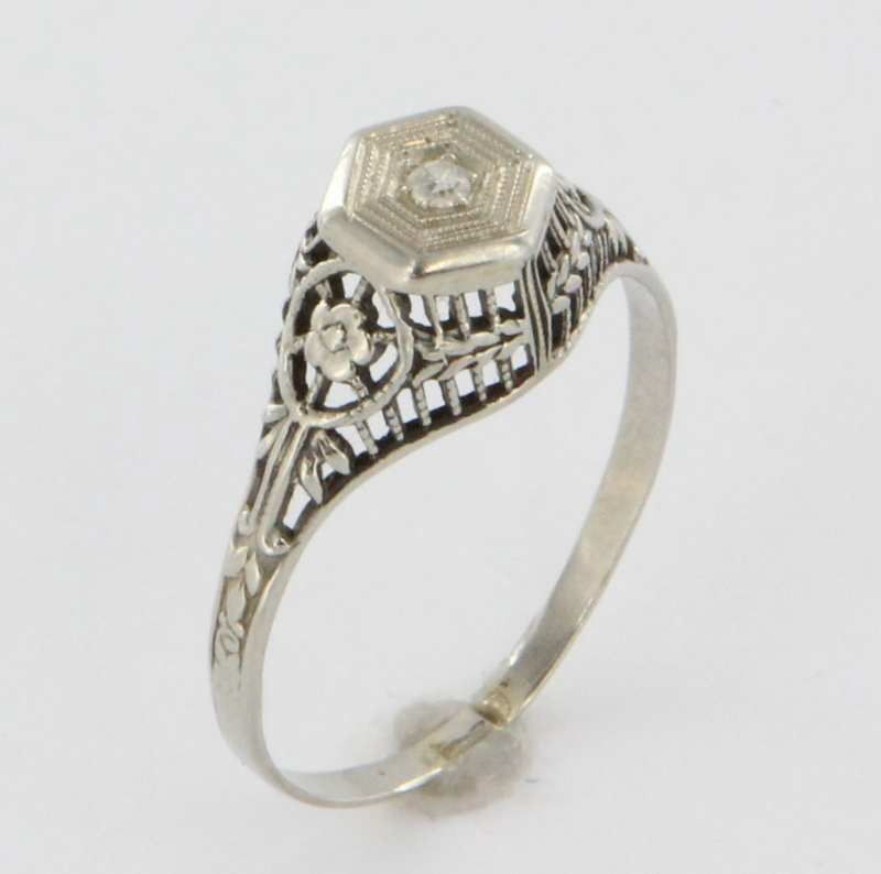 Art Deco Diamond Engagement Ring 18K White Gold Filigree Fine Vintage