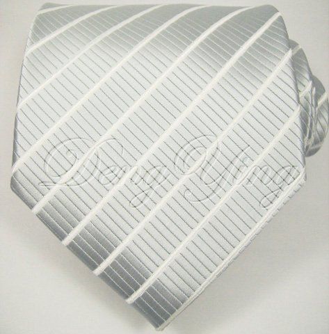 DENG YING New Striped Silver White Jacquard Woven Mens 100% Silk Ties