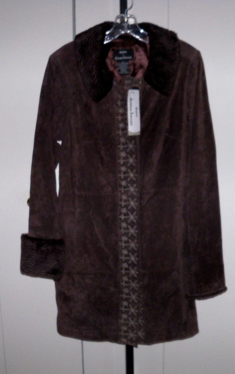 Dennis Basso Embroidered Suede Coat w Faux Persian Trim Medium