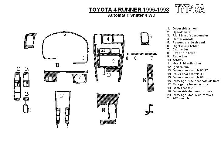 Toyota 4Runner 96 98 Interior Dashboard Dash Wood Trim Kit Parts Free