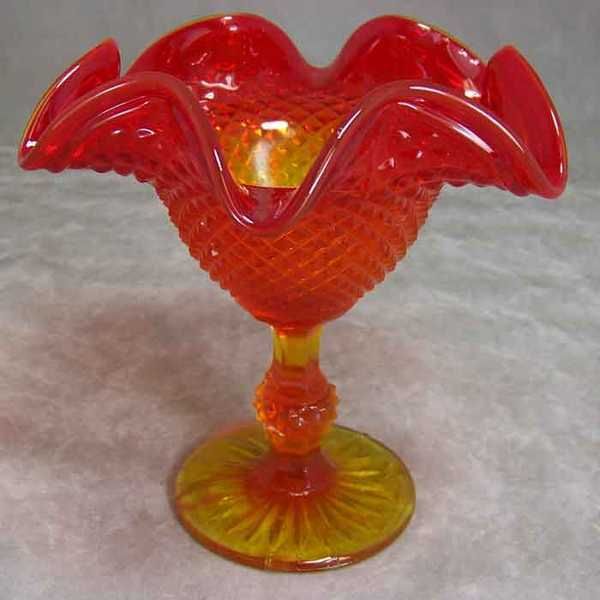 Glass Amberina Diamond Point Ruffled Candy Compote Dish