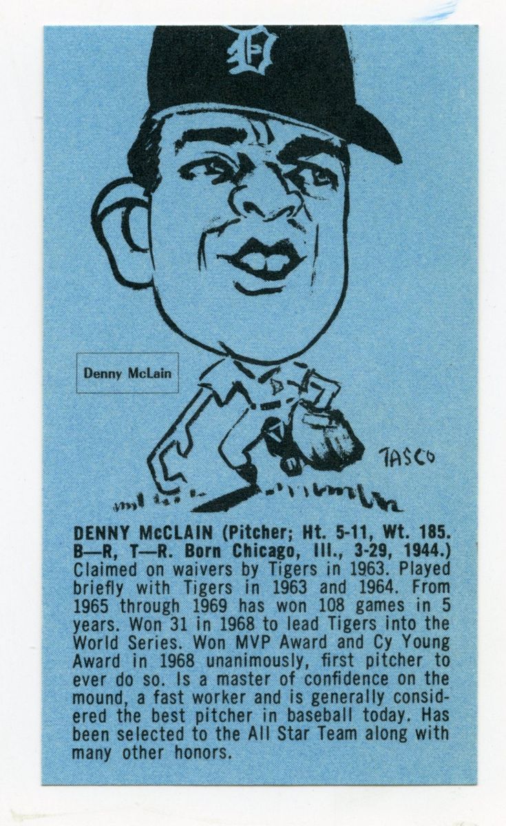  1970 LITTLE CAESERS TASCO PIZZA CARD DENNY McLAIN DETROIT TIGERS 1968