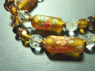 STRAND BRACELET W/ VINTAGE GLASS BEADS & CLASP~AMBER~SWAROVSKI