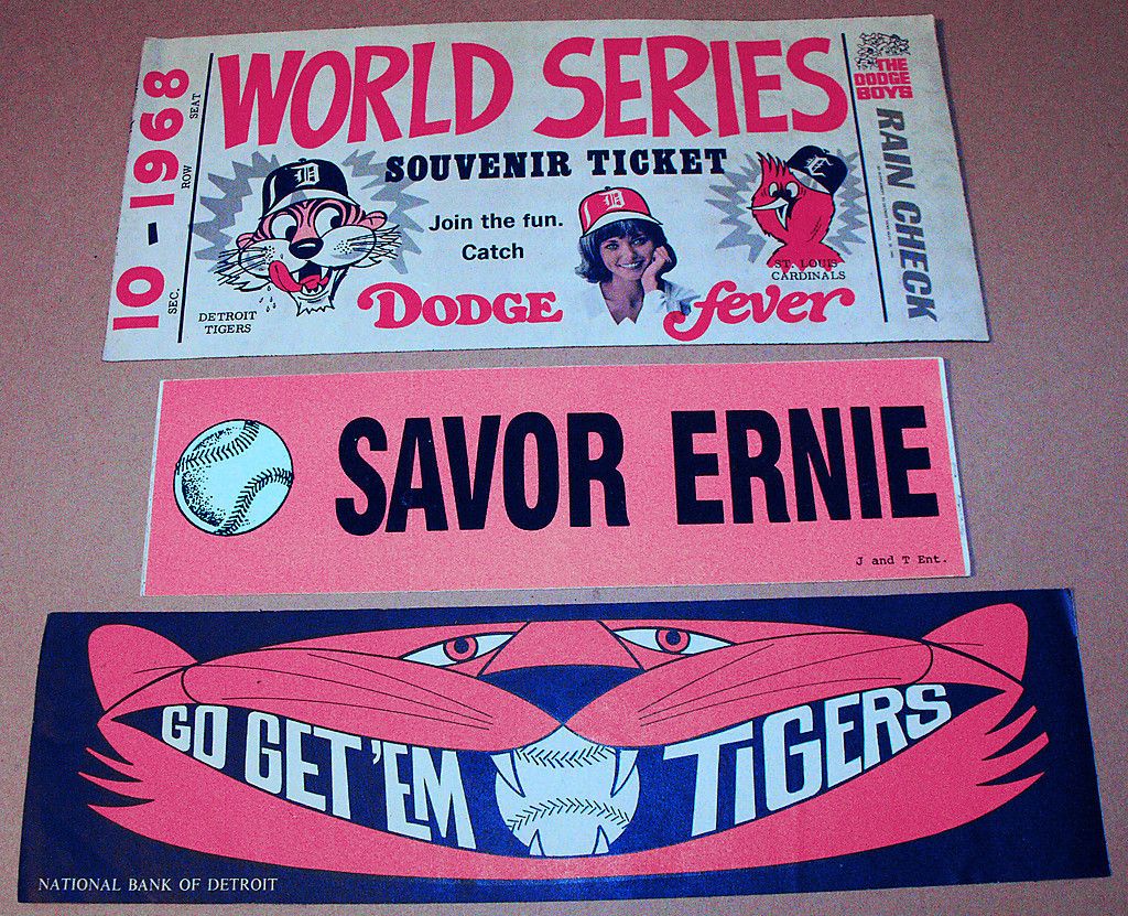 Detroit Tigers Bumper Stickers Savor Ernie, Go Get Em Tigers,1968