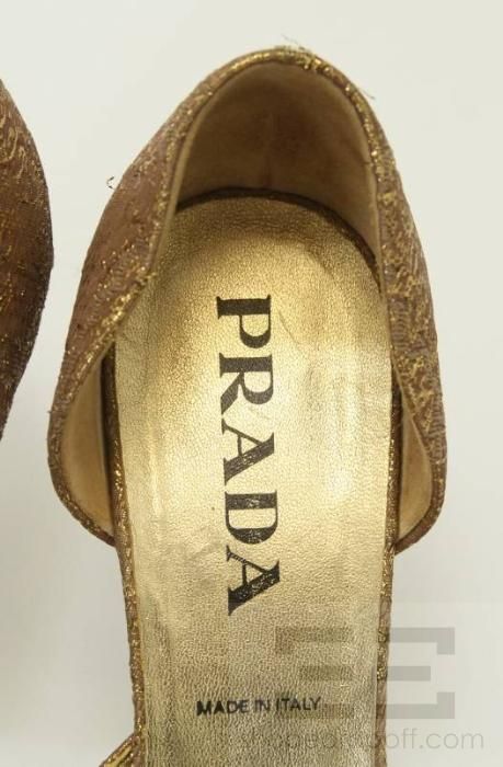 Prada Gold Metallic Brocade Buckle Toe DOrsay Kitten Heels