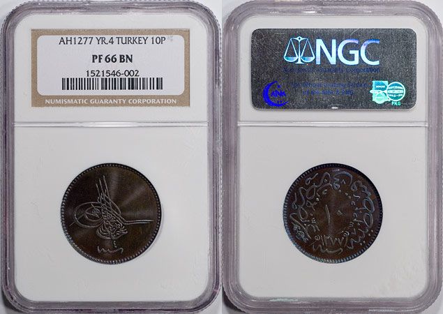 TURKEY RARE PROOF NGC PF66BN AH1277/4 10 PARA FINEST KNOWN 