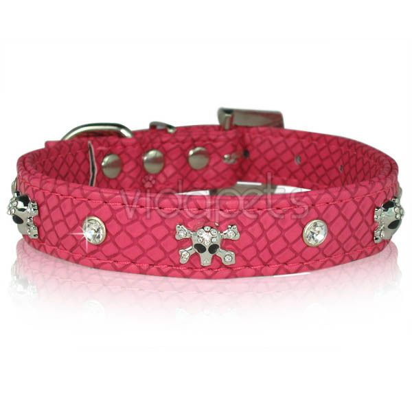 11 Pink Leather Rhinestone Skull Dog Collar Small