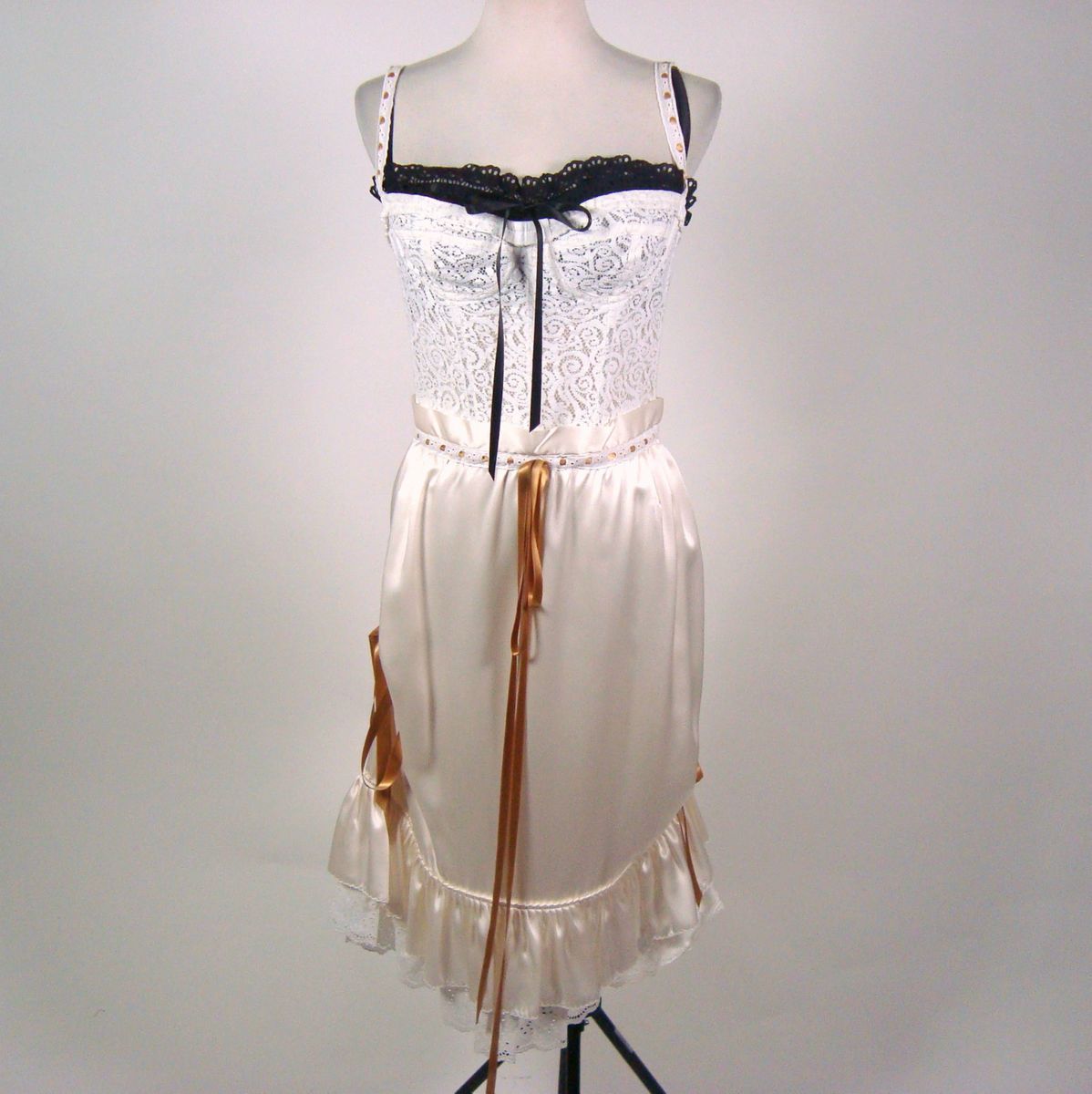 Dolce and Gabbana White Eyelet and Gold Ribbon Dress Size 42