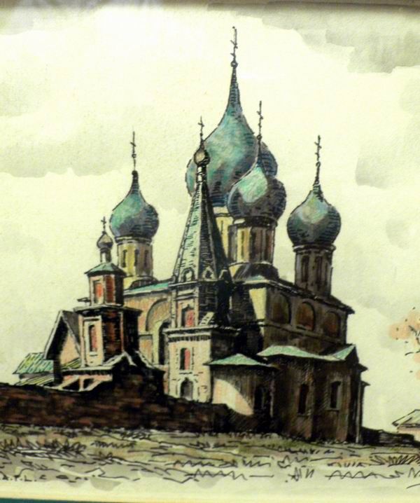 RUSSIAN INK PAINTING OF CHURCH BY DMITRI SAZONOV