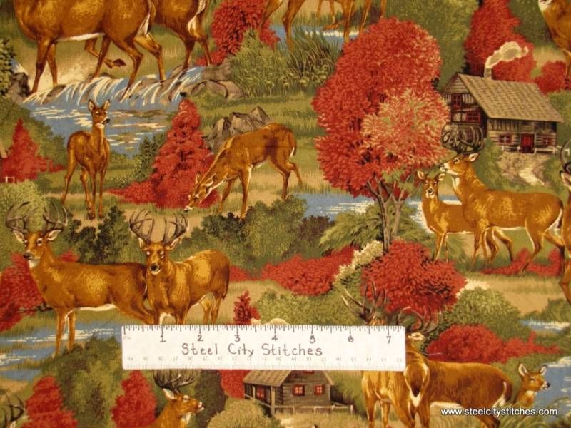 Deer Run Doe Cabin Camp Nature Wildlife Fabric BTY