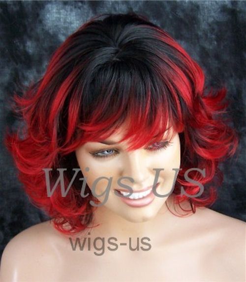 Wigs Unusual Black with Red Tips Flip Layers Skin Part Wig