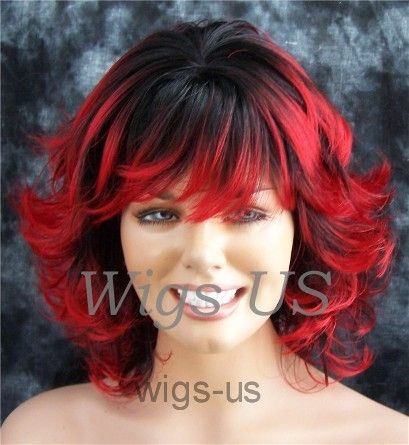 Wigs Unusual Black with Red Tips Flip Layers Skin Part Wig