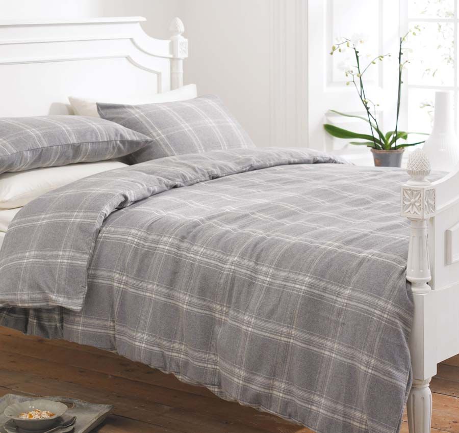 Grey White Tartan Check Flannelette Duvet Sets or Plain White Sheets