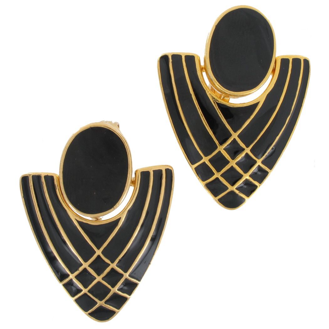 Clip On Earrings Gold Plated Enamel Geometric Doorknocker Vintage