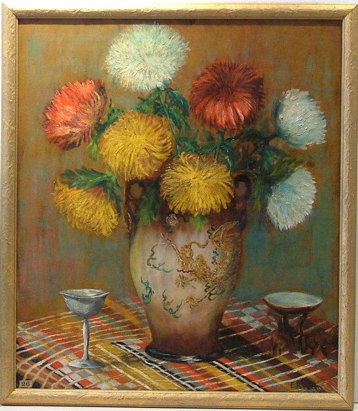 EDWARD RIGELE c. 1920 NEW YORK STILL LIFE w CHRYSANTHEMUMS ANIMATED