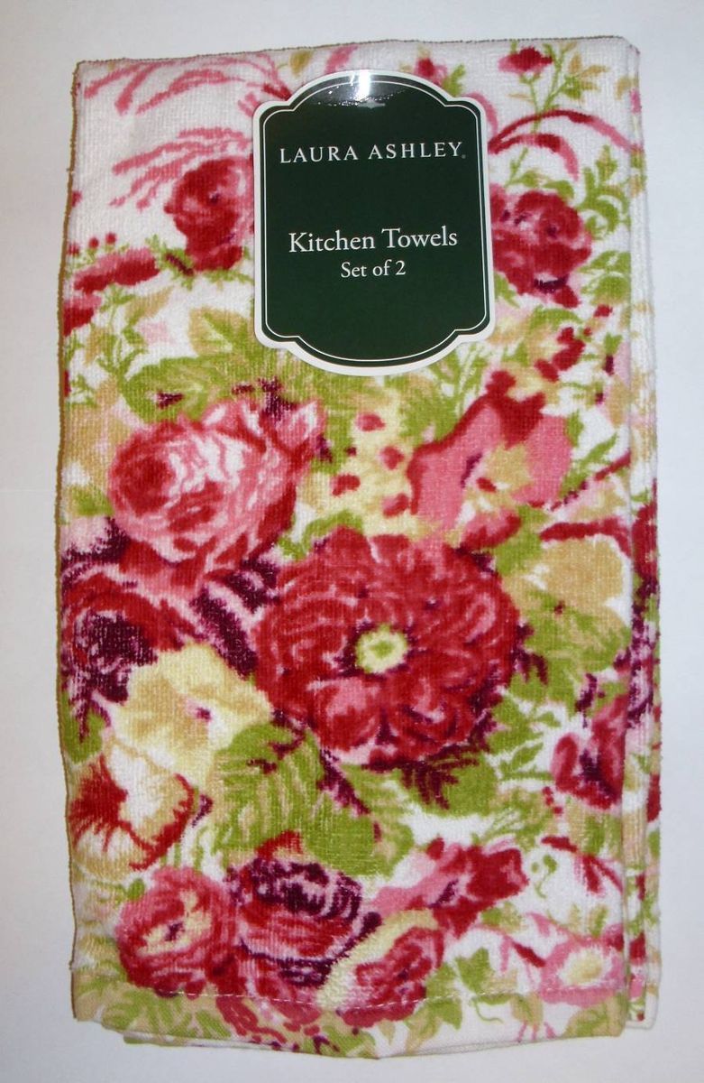 LAURA ASHLEY Set of 2 Pink English Rose Floral Print Kitchen Towels 16