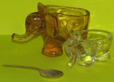 LOT of 2 Elephant Peach & Clear Glass Sugar Bowls, Condiment Dish