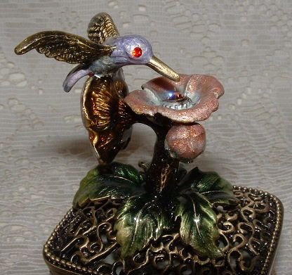  Ornate Crystal & Enamel HUMMINGBIRD on PINK FLOWER TRINKET BOX
