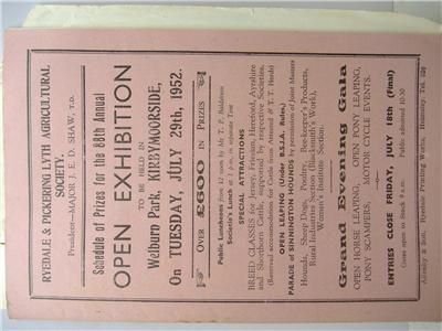 Ryedale Pickering Lyth Show Schedule 1952 Agricultural Show Guide