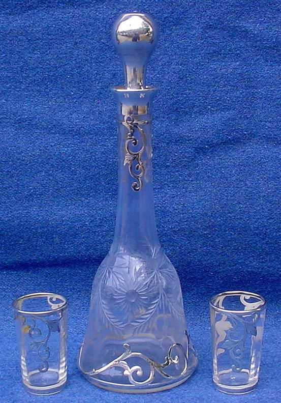  Overlay Victorian Etched Glass Liqueur Decanter w 2 Glasses