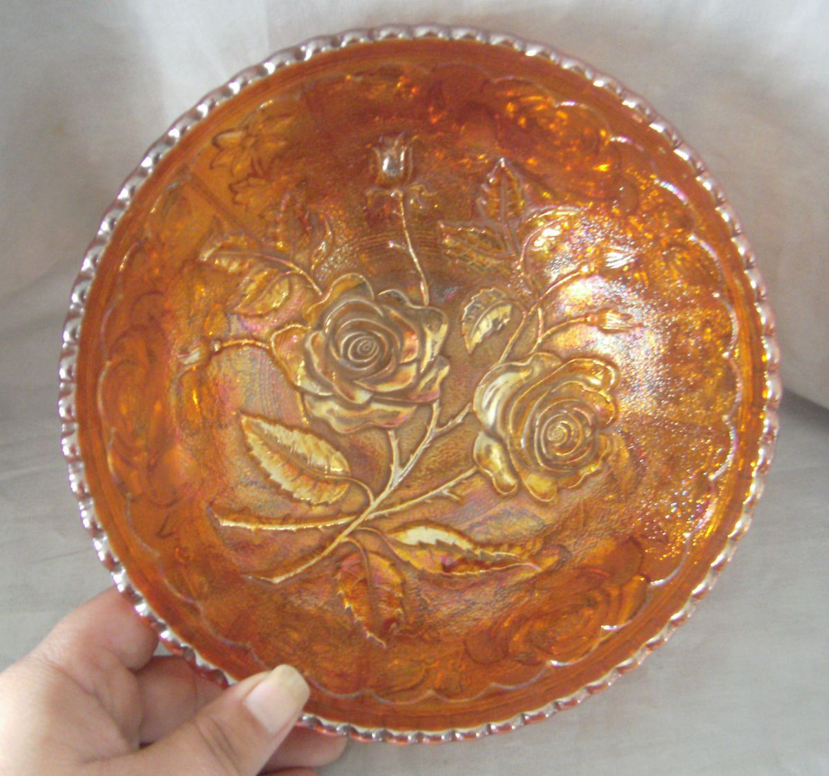 VINTAGE IMPERIAL MARIGOLD CARNIVAL GLASS OPEN ROSE PATTERN 7 BOWL