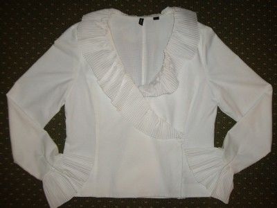 Ellen Tracy White Ruffle V Neck Blouse Top 10